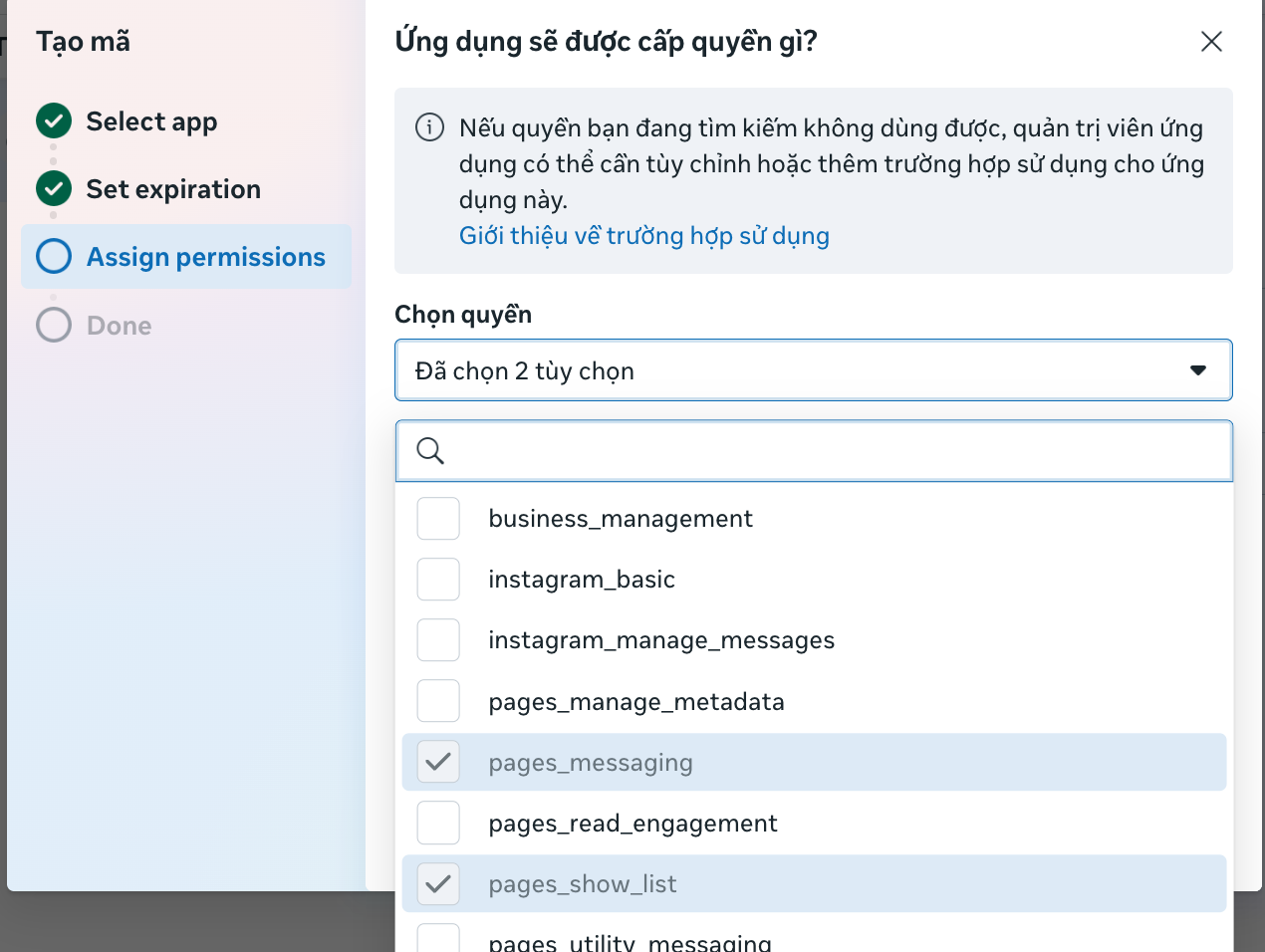 Chọn permissions