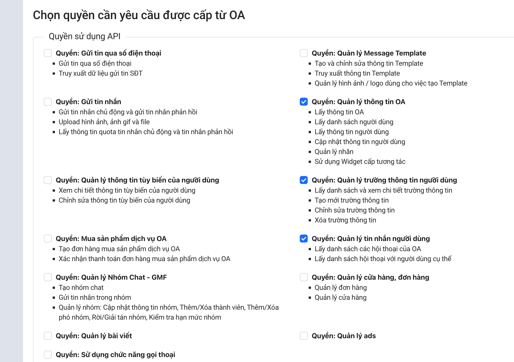 Chọn quyền API